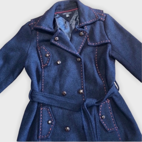 Tommy Hilfiger Wool Blend Navy & Red Stitched Great Quality Winter Peacoat - Picture 2 of 15